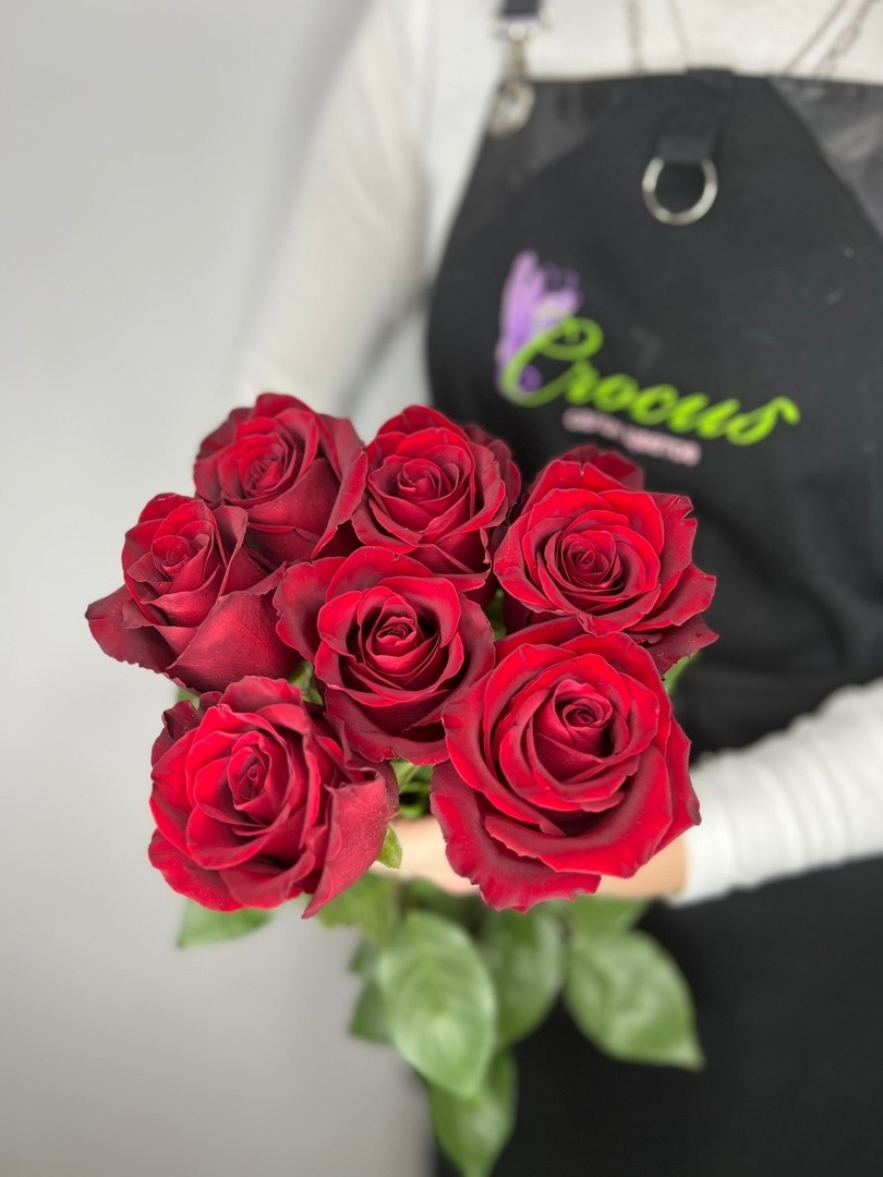 7 красных роз с лентой (70см)
