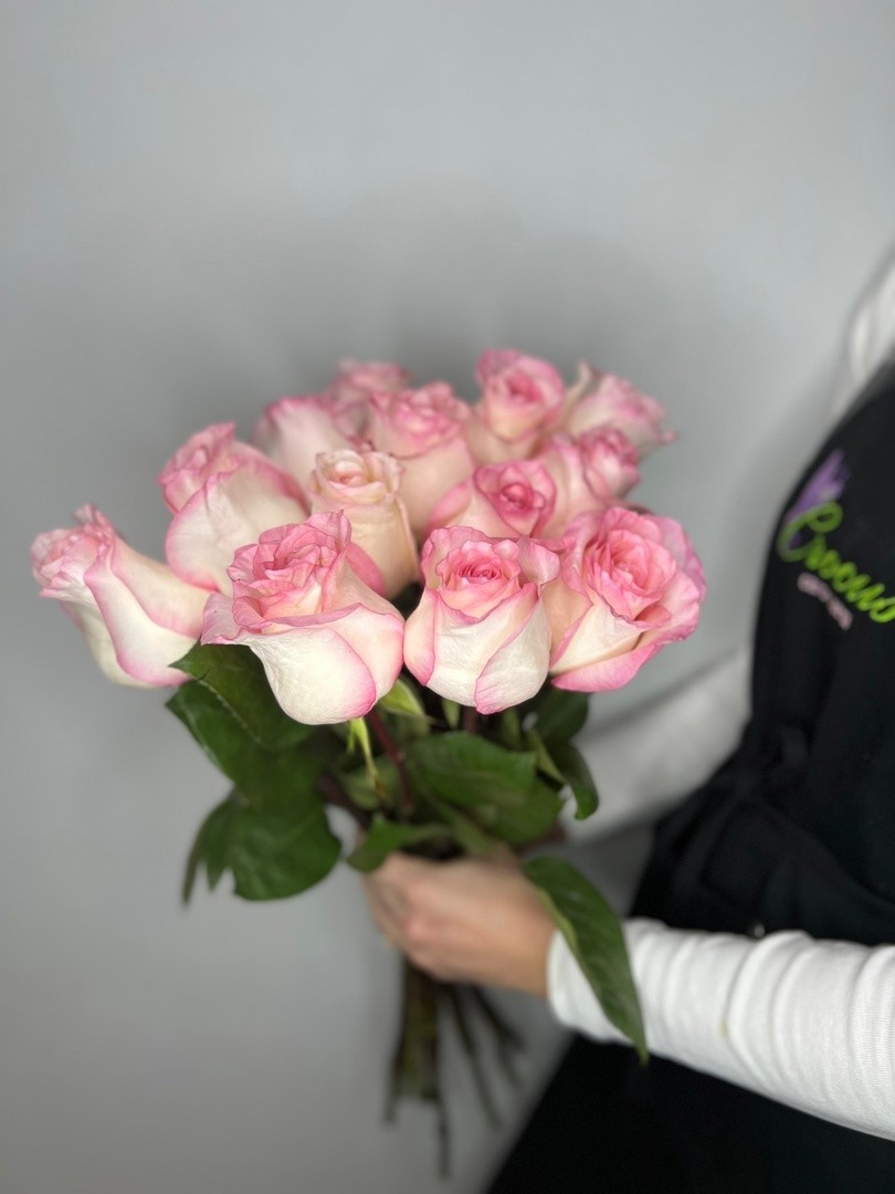 15 розовых роз с лентой - crocus-flowers38.ru